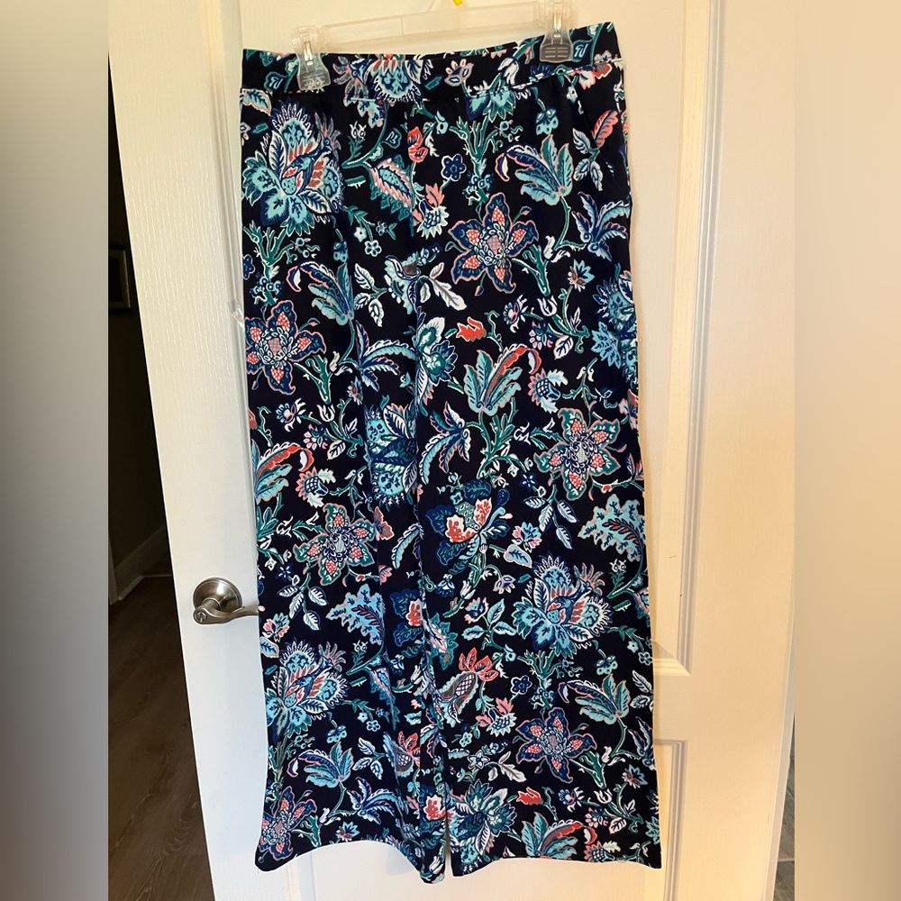 Floral Wide Leg Pants - Navy and Coral